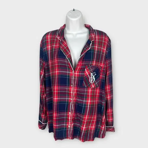 Victorias Secret Pajama Top‎ Red Plaid Size Medium PJ Lounge Wear Button Up