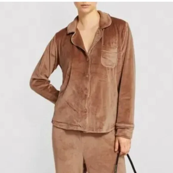 Skims Velour Button Up Sleep Shirt Collared Crushed Velvet Top Tan Plus Size 2X