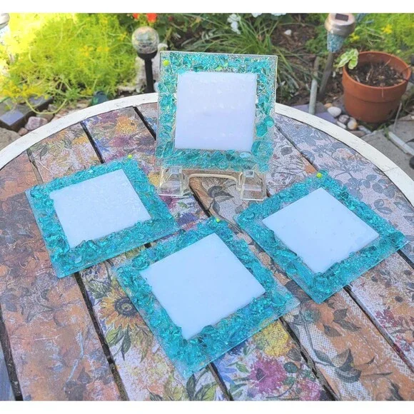 Handmade Fused Glass Turquoise Mosaic Coaster Set – Four