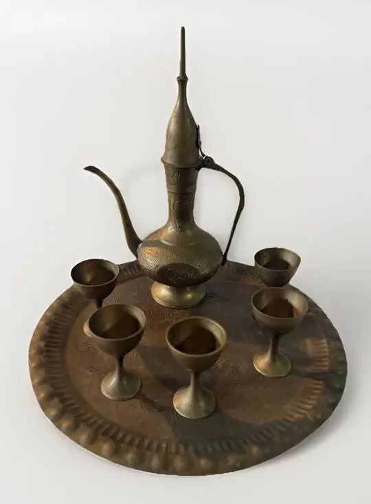Antique Brass Tea Set w/ Tray & Teapot, Round Gold/Brown, Engraved Finish