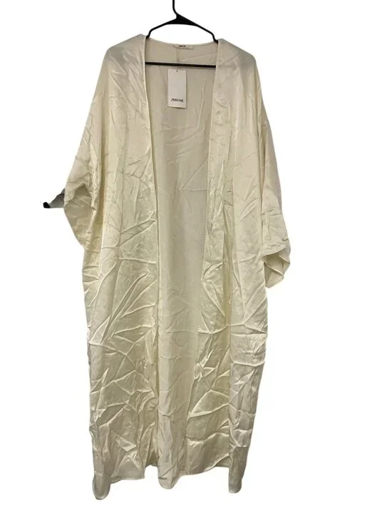 Zara Home Womens Kimono Robe M L Ivory Satin Open Front Relaxed 8190/434 NWT