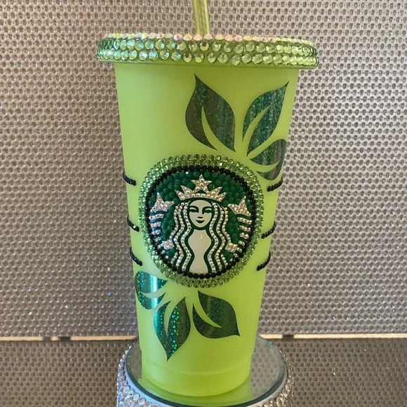 Starbucks Neon Green Rhinestone Logo Tumbler with Leaf Design