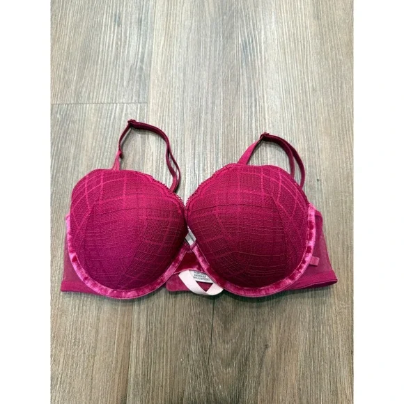 Victoria's‎ Secret Magenta Pink Lace Velvet Trim Push-Up Bra 34D Underwire