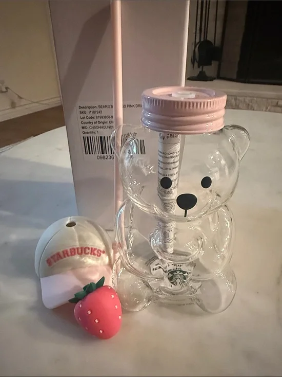 Starbucks Bearista Cup - Pink Lid Clear Bear Glass Tumbler with Straw