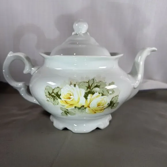 Vintage Porcelana Schmidt Yellow Rose Teapot with Lid - Wide Rounded Body