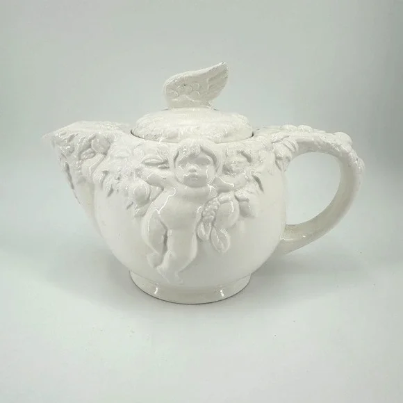Vintage White Ceramic Cherub Angel Relief Teapot w/ Lid‎ FWC Decorative