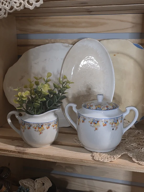 Vtg Blue Trim Floral Porcelain Sugar Bowl & Creamer Set