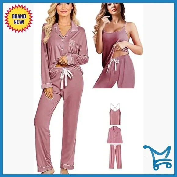 3-Piece Knit Pajama Set with Cami Top, Long Sleeve & Pants, Relaxed Fit