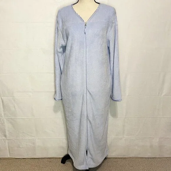 Oscar De La Renta Ladies S/M Baby Blue Plush Full Zip Lg Sleeve Robe Housecoat