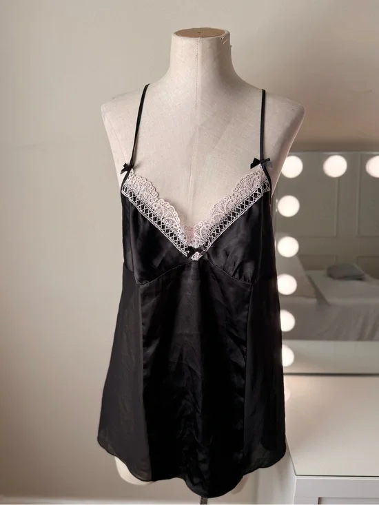 Linea Donatella Black Satin Lace Chemise Nightgown Size Large