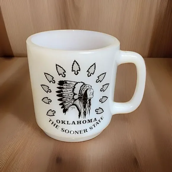 Vintage Oklahoma The Sooner State Milk Glass Mug Native American Arrowhead Vtg