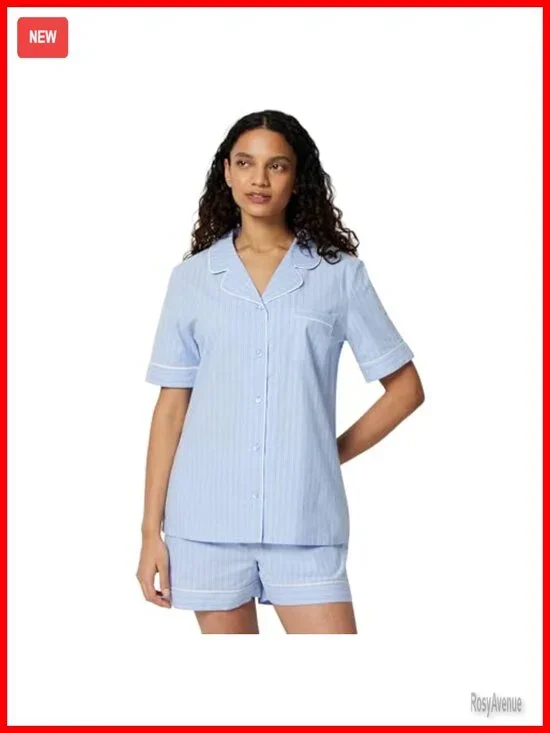 Cotton Stretch Poplin Pajama Set, Short Sleeve Button-Down with Shorts