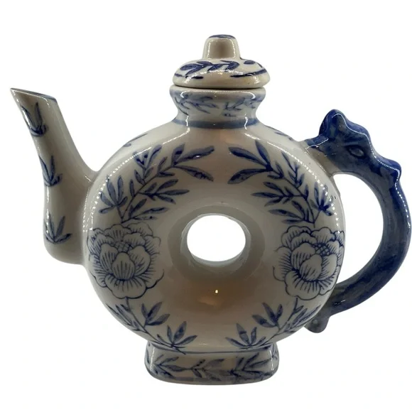 DONUT Shaped Teapot Chinoiserie Floral White Blue