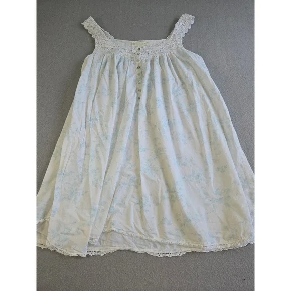 Eileen West Nightgown Womens Large White Blue Floral Cotton Lace Trim Sleeveless