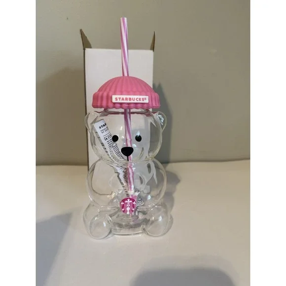 New Adorable  Starbucks Barista Bear Hot Pink Beanie Hat Tumbler