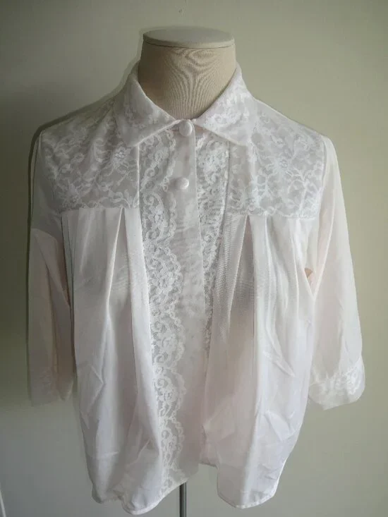 Vintage 1960s Pink Henson Kickernick Bed Jacket M Nylon Floral Illusion Lace USA