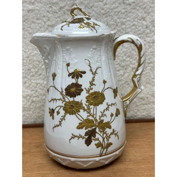 Vintage KT&K China Tall Coffee Pot / Chocolate Pot White Gold Floral Embossed