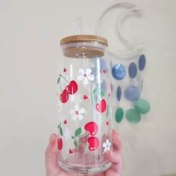 Vintage Cherry Blossom Glass Can Cup Iced Coffee Glass Cottagecore Kitchen Decor