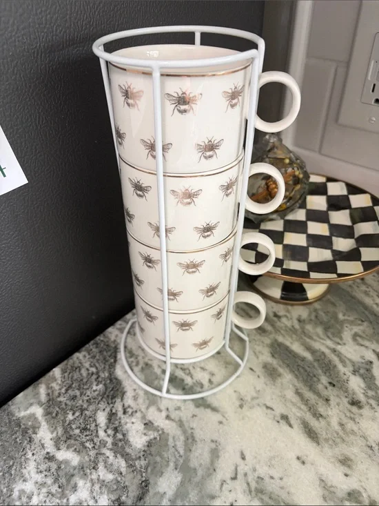 Stackable White Bee Print Ceramic Coffee Mugs with Stand
