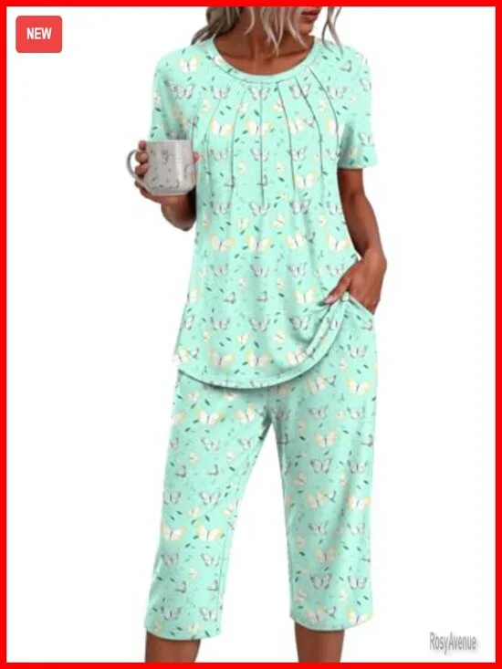 Summer 2 Piece Pajama Set with Short Sleeves & Pockets