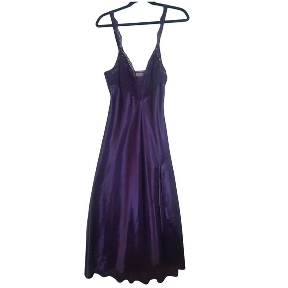 Vintage Victorias Secret Nightgown Medium Gold Label Purple Satin Lace Trim Maxi