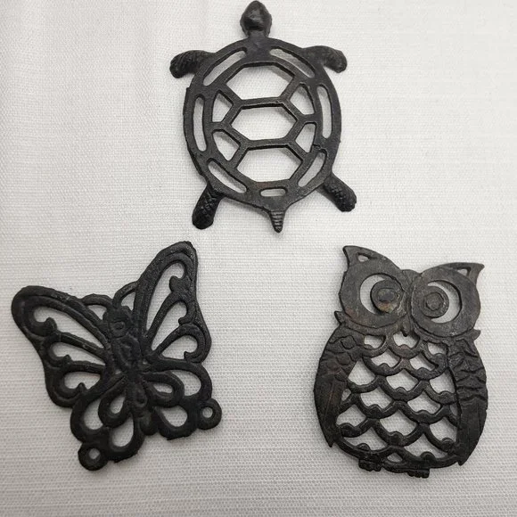 3 Metal Coasters Trivets Butterfly Owl Turtle Taiwan Cast Iron Pan Pot Holders