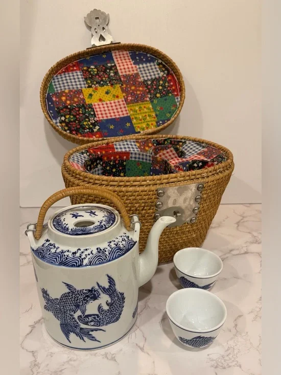 Vintage Chinese Blue White Porcelain Travel Tea Set Koi Fish Rattan Picnic Baske