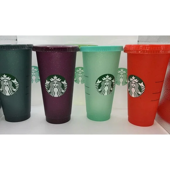 Starbucks‎ (4) Holiday Glitter (3) Clear 24 Ounce Plastic Cups  Set Of 7/8 Lids