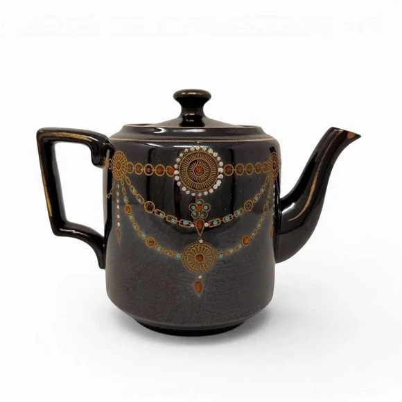 Vintage English Teapot Black Glaze Hand Painted‎ Made in England