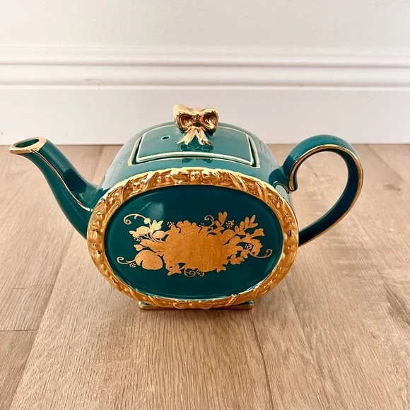 Rare 1930s Sadler England 1729 II Cube Teapot Green‎ With Gold Flower Vintage
