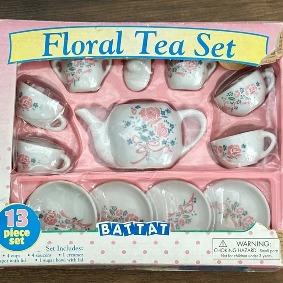 NIB VINTAGE 1998 Battat FLORAL TEA SET Play White Pink Rose Porcelain 13 pc NEW