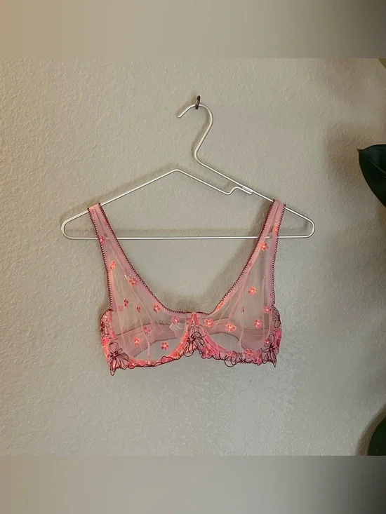 Out from under pink floral embroidered  underwire bra