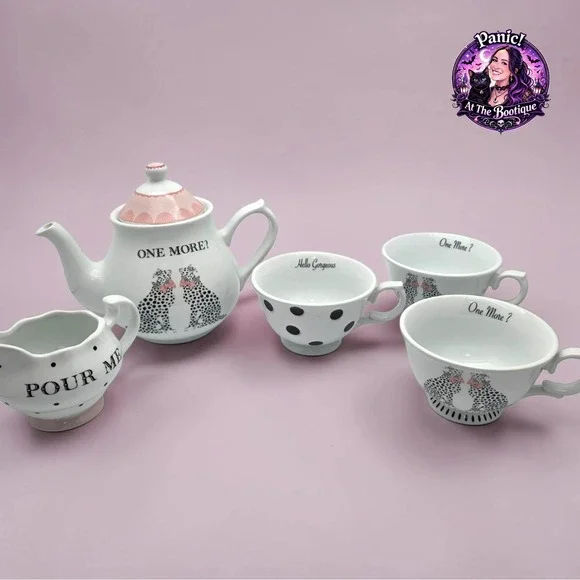 Ellen Studio Magenta Tea Set Ceramic Pink Cheetah Polka Dot Whimsical 5pc Teapot