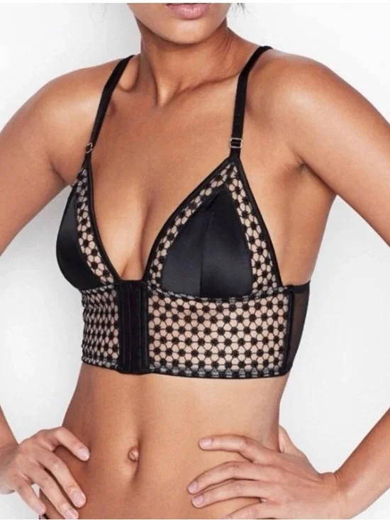 Victoria's Secret Sheer Starburst Luxe Long Line Triangle Bralette Black XL