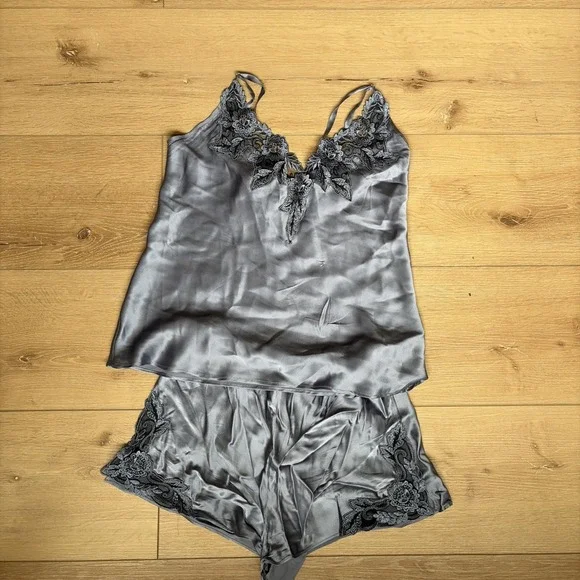 100% Silk Women's Camisole & Shorts Pajama Set Silky Silk Lace Size Medium