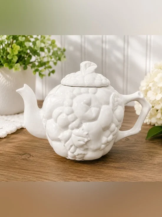 White Embossed Fruit Ceramic Teapot with Lid – Vintage Farmhouse Decor