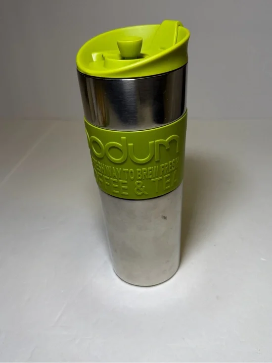 Bodum stainless steel travel French‎ press with green accents coffee tea