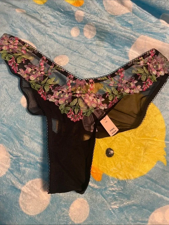 Victoria's Secret Black Sheer Thong with Pink & Green Floral Embroidery
