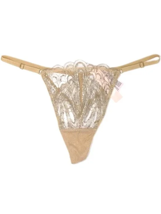 Victoria's Secret Very Sexy Showgirl V String Thong Large Embroidery Panty gold