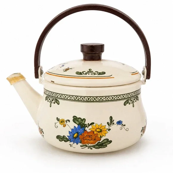 Vintage‎ Enamel Tea Kettle Floral Folk Art Pattern Cream Made in Taiwan ROC