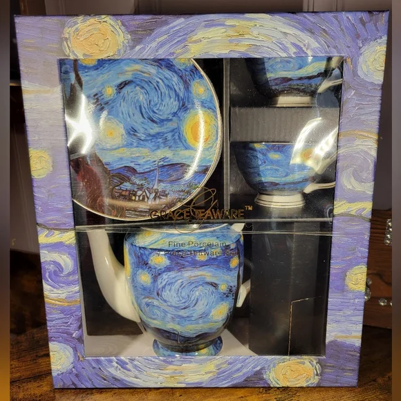 Rare GraceTeaware Starry Night Porcelain Tea Set - Blue/Yellow