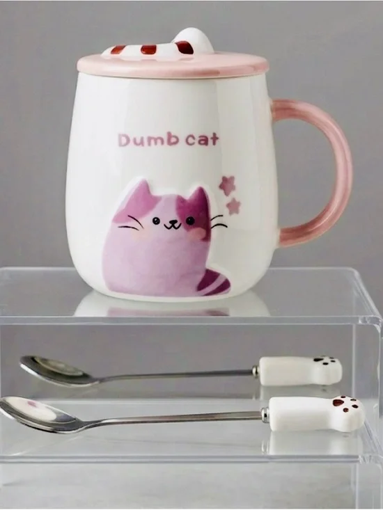 Cute Pink and White Cat Ceramic Mug with Lid