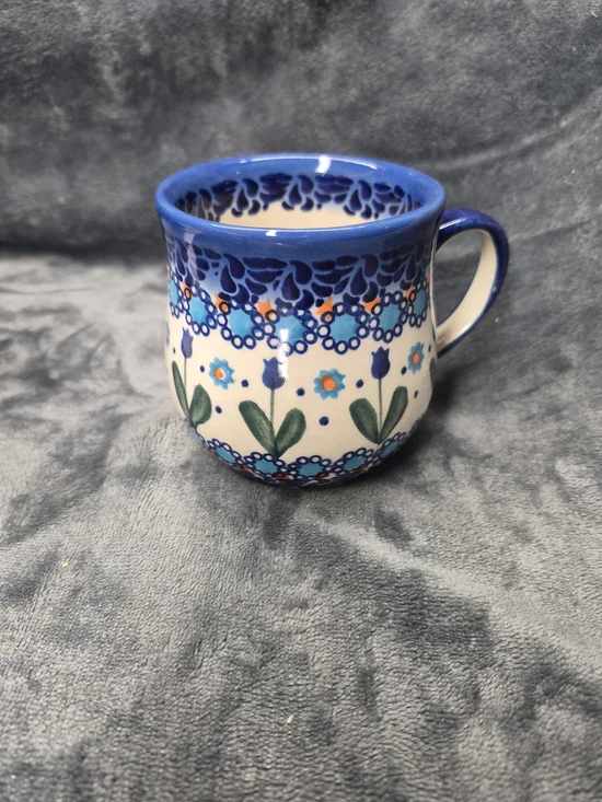 Polished Pottery 11oz Bubble Mug Blue Tulips Garden Unikat Hand Made Portland