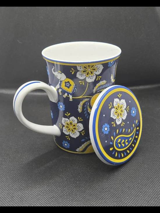 Vera Bradley Navy Blue Yellow Floral Elephant Ceramic Mug with Lid