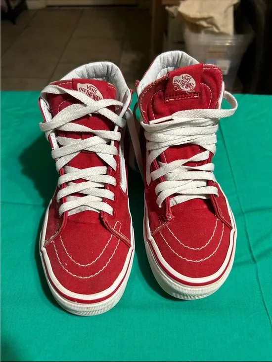 Vans Kids Red and White High Top Skate Sneakers