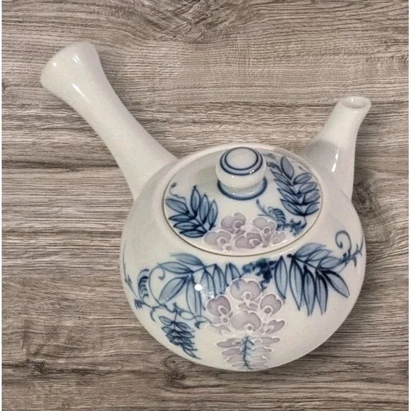 Signed Teapot Japanese Side Handle Kyusa Floral Porcelain Raised Flower Vtg 2.5