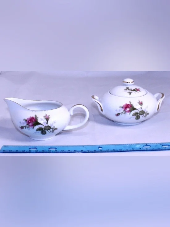 Vintage Sango Japan Moss Rose Porcelain Creamer and Lidded Sugar Set - Gold Trim