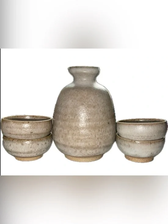 Vintage Japanese Ceramic Sake Set Tokkuri Flask & 4 Guinomi Cups Rustic Wabi-Sab