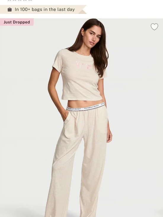 Victoria's Secret Cream Short-Sleeve Lounge Tee & Wide-Leg Pants Set