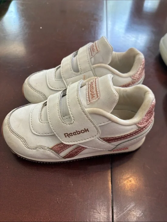 Reebok Kids White Sneakers with Pink Glitter Accents - Velcro